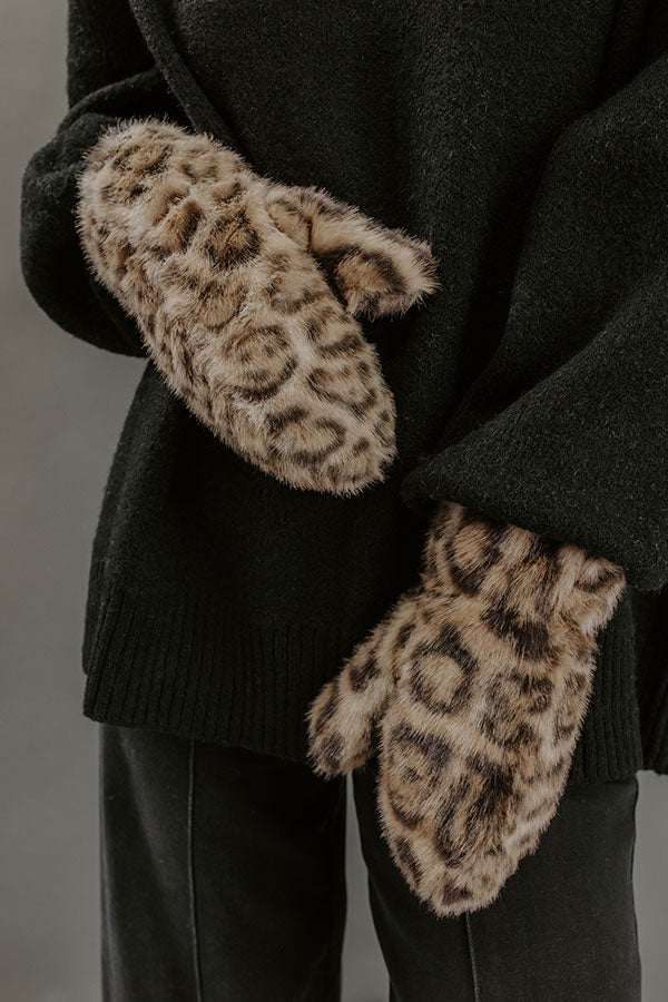 Leopard Luxe Faux Fur Mittens in Warm Taupe Image - 1