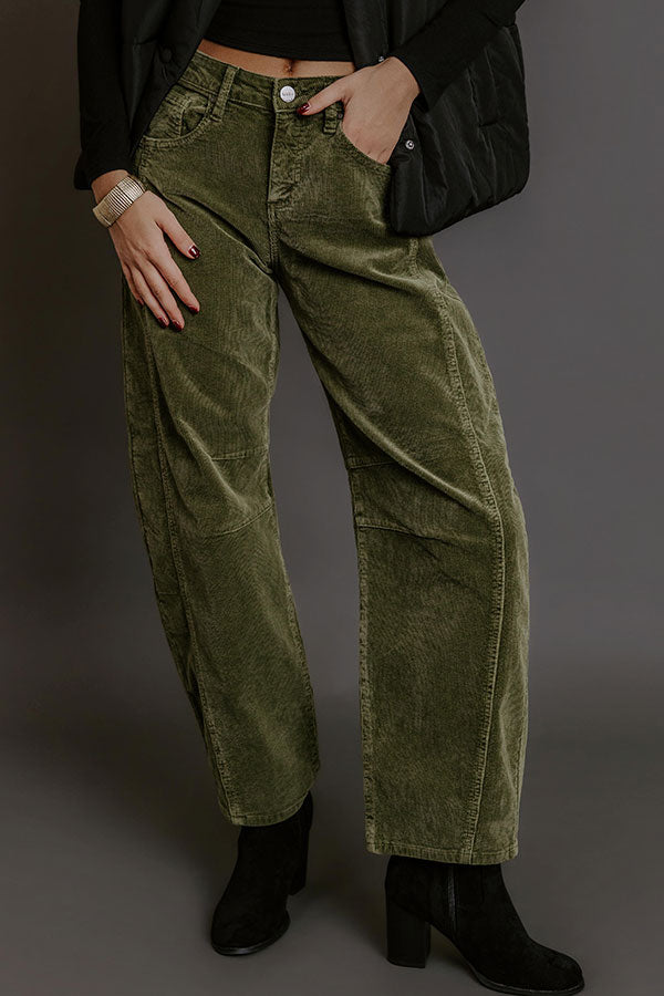 RISEN Cora High Waist Corduroy Barrel Leg Pants in Olive Image - 2