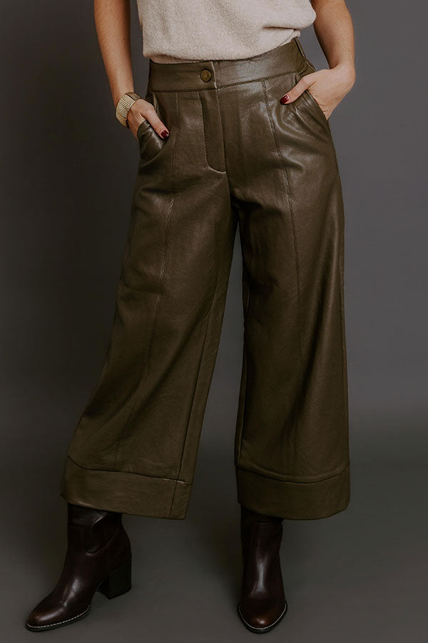 The Hazel High Waist Faux Leather Wide Leg Pants in Martini Olive Image - 3