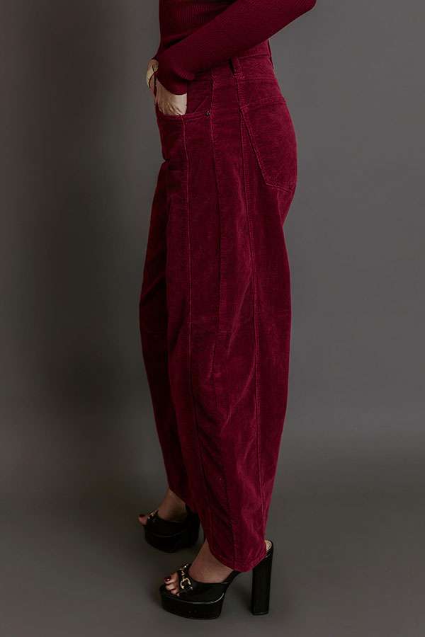 RISEN Cora High Waist Corduroy Barrel Leg Pants in Wine Image - 3