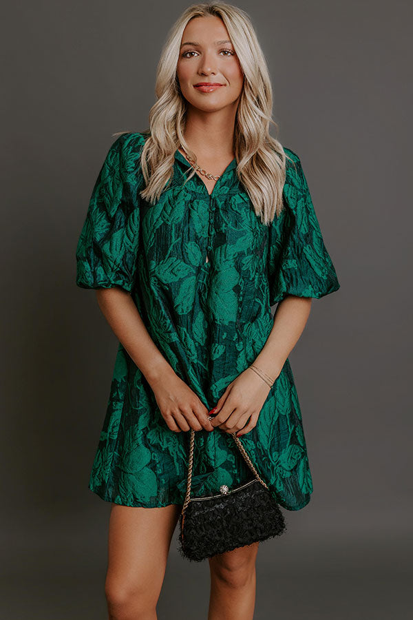 Holiday Happiness Floral Jacquard Mini Dress in Hunter Green Image - 2