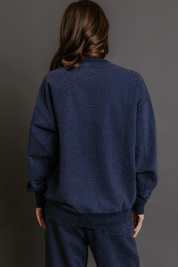 Sparkling Personality Embellished Sweatshirt in Navy Image - 4