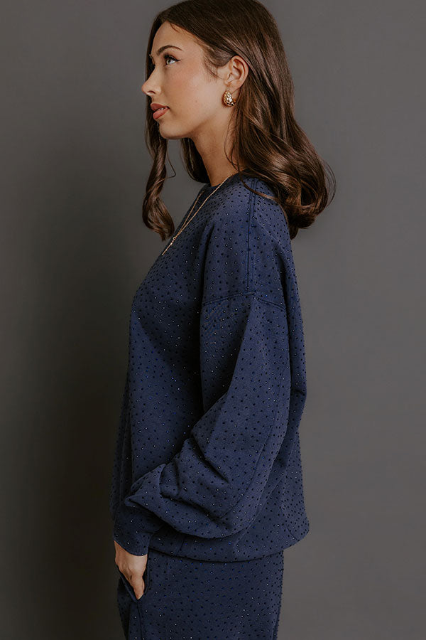 Sparkling Personality Embellished Sweatshirt in Navy Image - 3