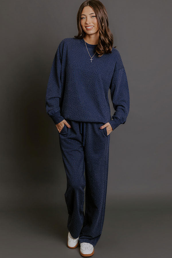 Sparkling Personality High Waist Embellished Straight Leg Pants in Navy Image - 2