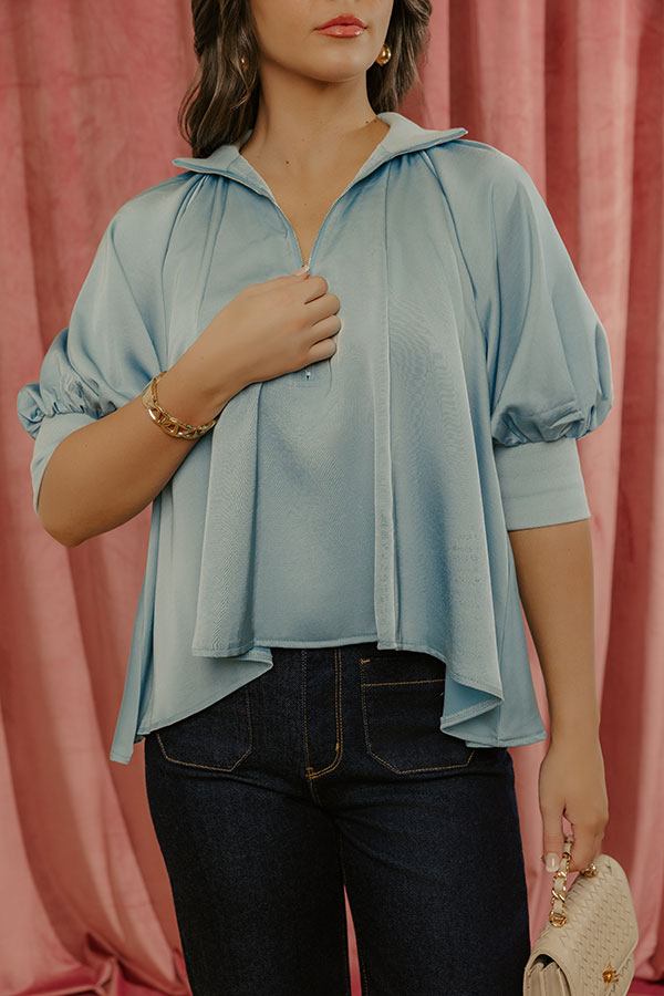 City Staple Satin Quarter Zip Top in Sky Blue Image - 2