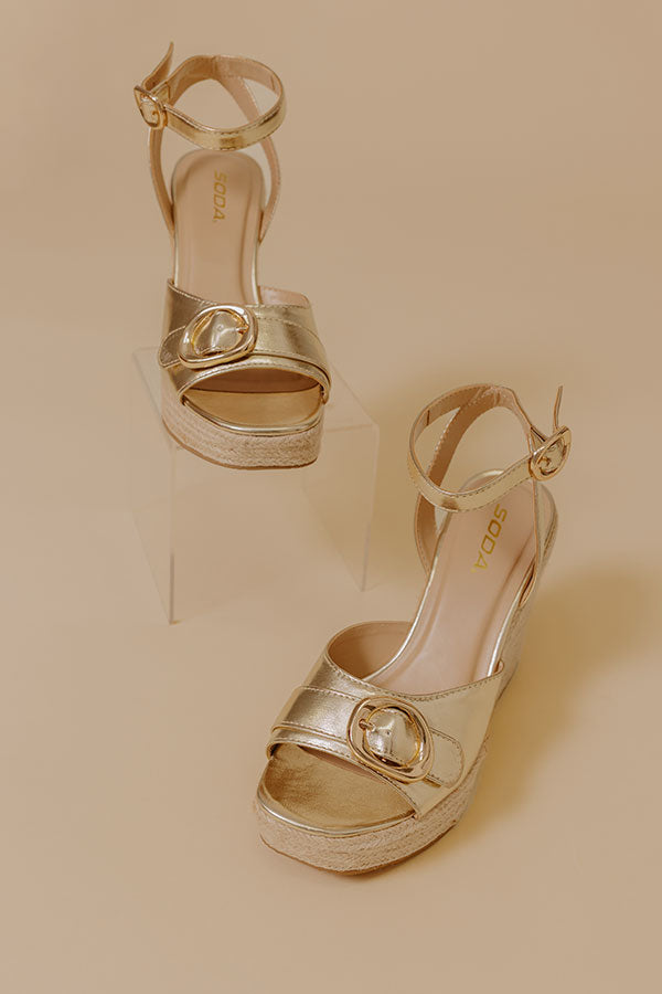 The Clara Faux Leather Metallic Espadrille Wedge in Gold Image - 3