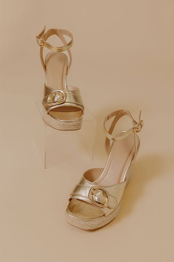 The Clara Faux Leather Metallic Espadrille Wedge in Gold Image - 3