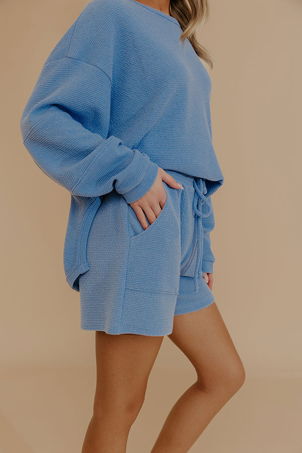 Weekend Wind-Down High Waist Waffle Knit Shorts in Light Blue Image - 3
