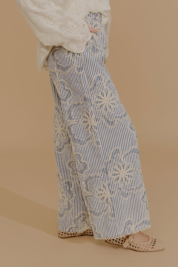 Coastal Charm High Waist Floral Embroidered Pants Image - 3