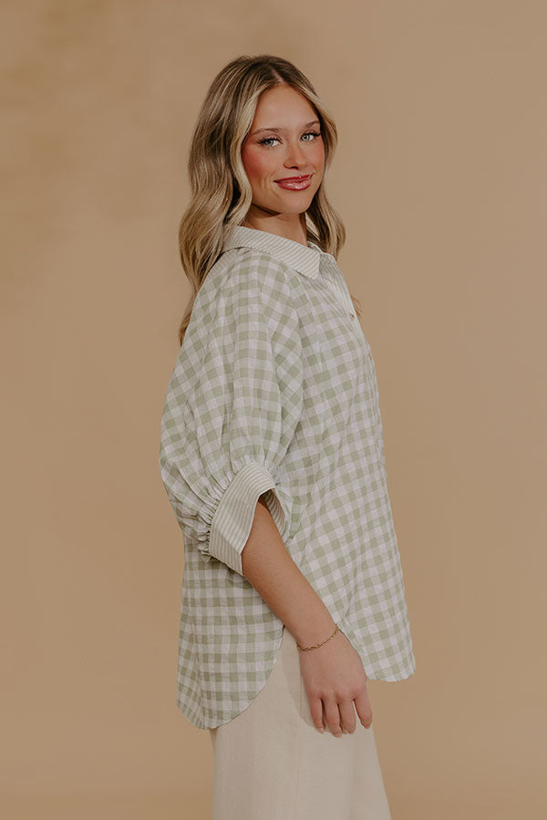 Picnic Perfect Gingham Button Up Top in Sage Image - 3