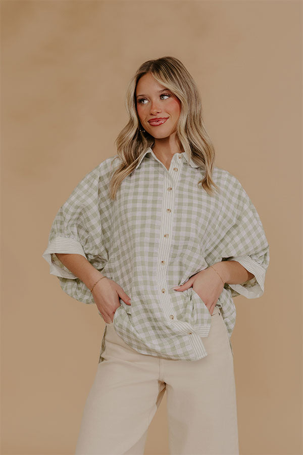 Picnic Perfect Gingham Button Up Top in Sage Image - 5
