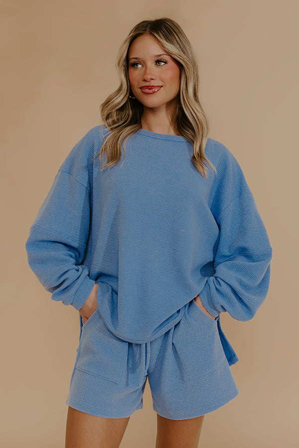 Weekend Wind-Down Waffle Knit Long Sleeve Tee in Light Blue Image - 1