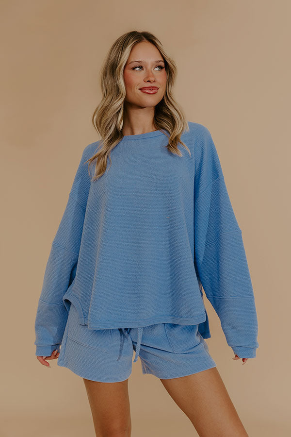 Weekend Wind-Down Waffle Knit Long Sleeve Tee in Light Blue Image - 2