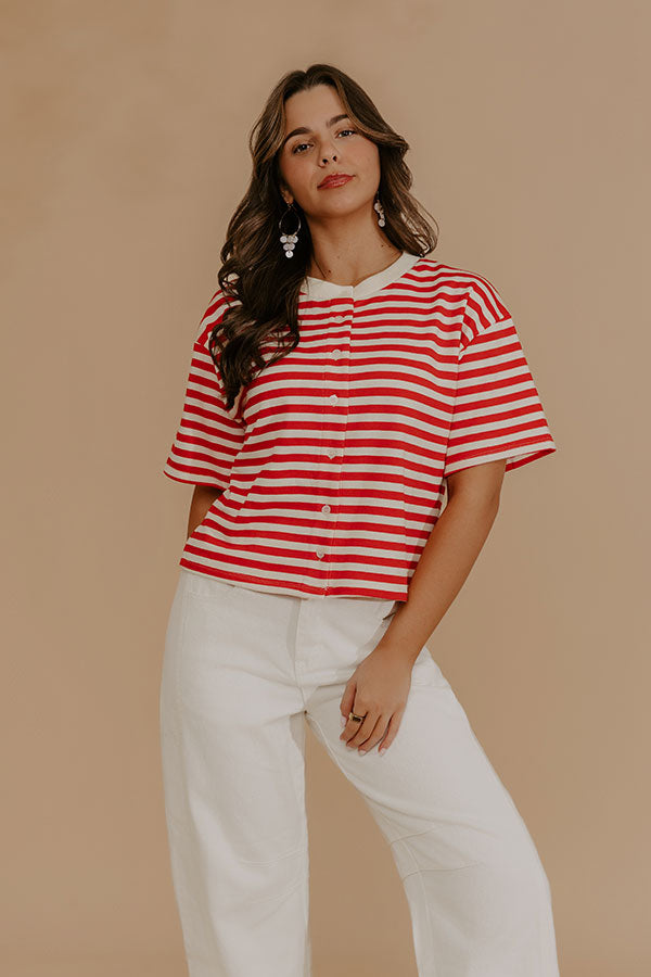 Harbor Line Stripe Button Up Top in Red Image - 2
