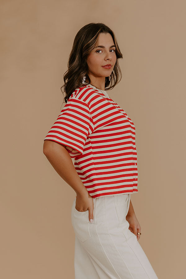 Harbor Line Stripe Button Up Top in Red Image - 3