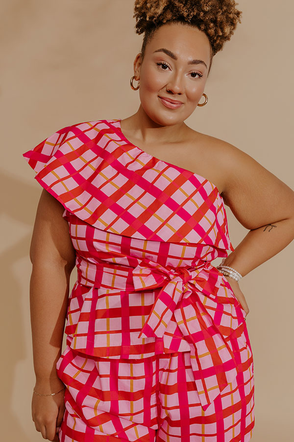 Pretty Chic One Shoulder Plaid Top Curves Image - 3