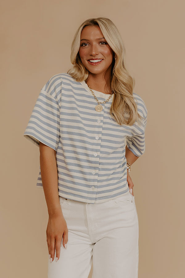 Harbor Line Stripe Button Up Top in Airy Blue Image - 2