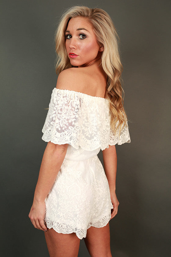 Parisian Lace Off Shoulder Romper in White Impressions Online