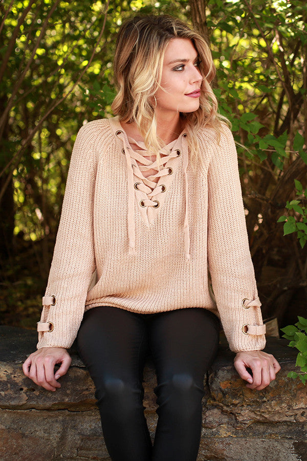 Sugar and Spice Lace Up Sweater in Tan Image - 5