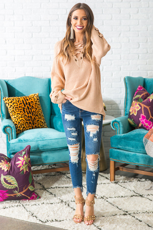 Sugar and Spice Lace Up Sweater in Tan Image - 1