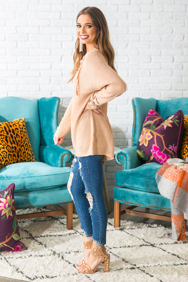 Sugar and Spice Lace Up Sweater in Tan Image - 2