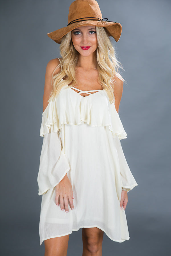 Escaping Reality Cold Shoulder Dress in Cream