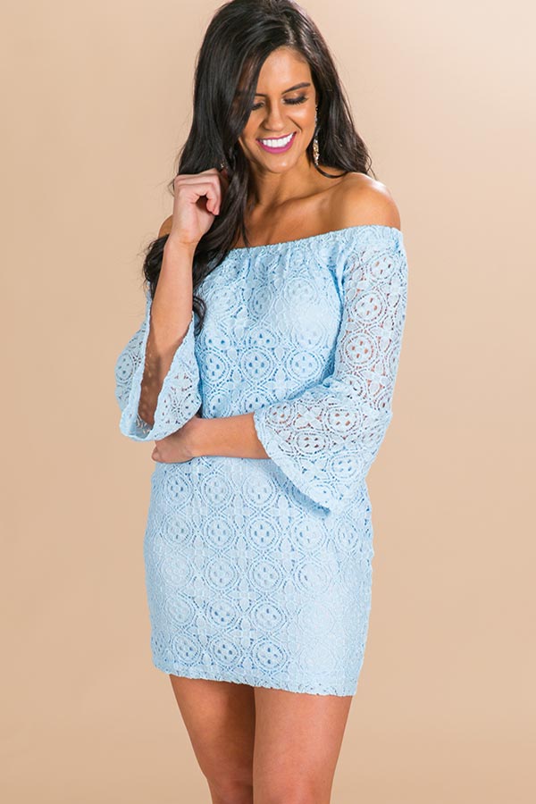 Lace At First Sight Off Shoulder Dress in Sky Blue