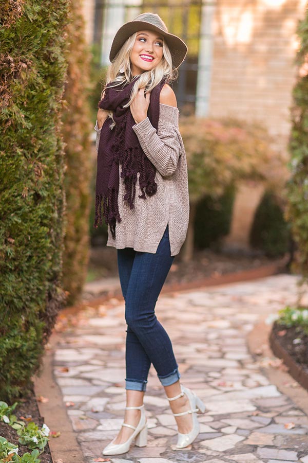 Cuddle Up Buttercup Off Shoulder Sweater in Dusty Purple