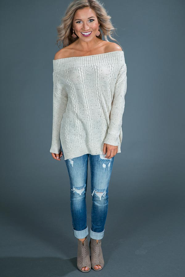 Cuddle Up Buttercup Off Shoulder Sweater in Cream