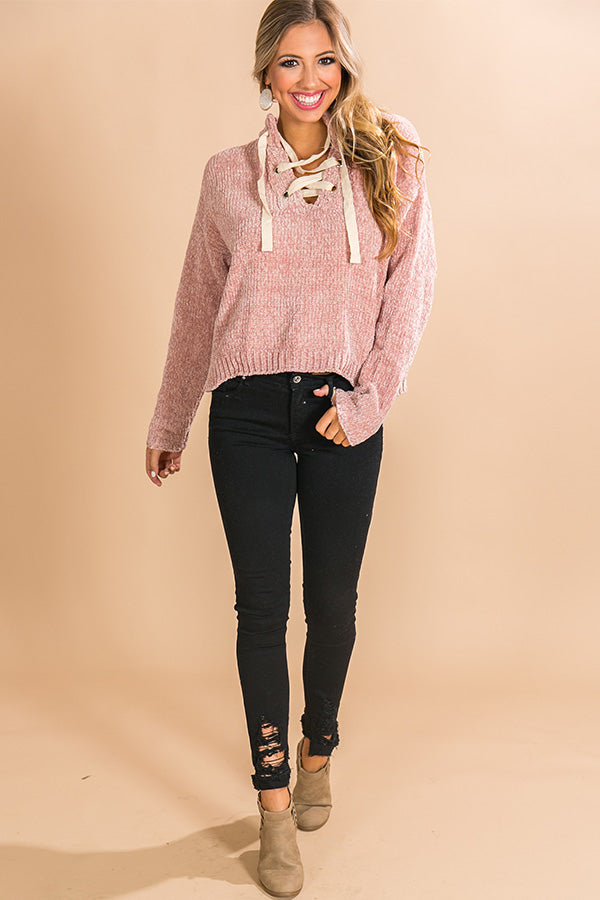 Snowfall Sweetness Chenille Lace Up Sweater in Blush