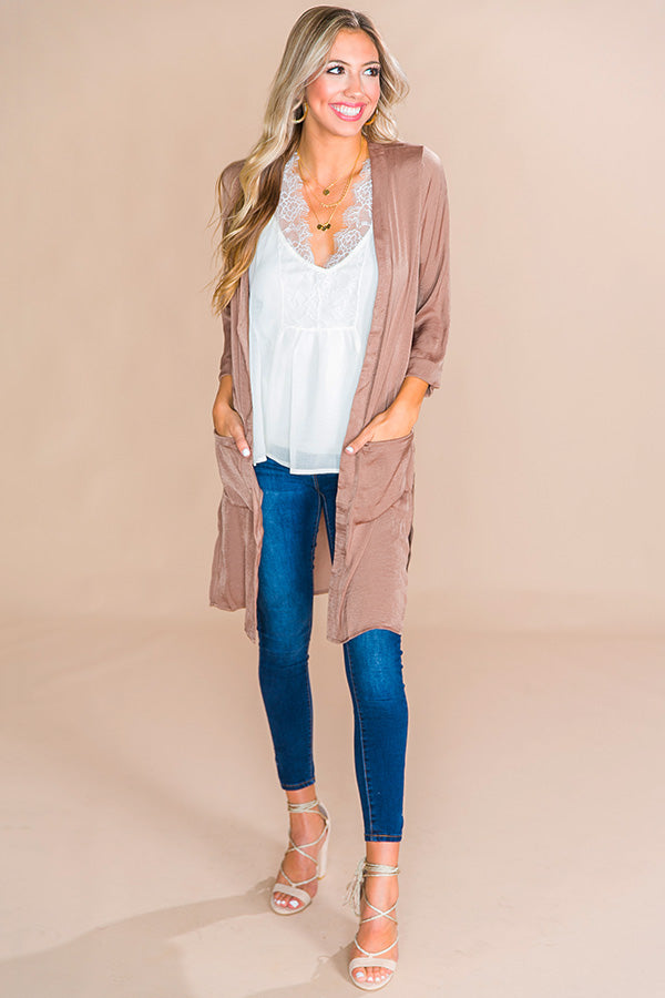 First Class Only Satin Cardigan in Mocha