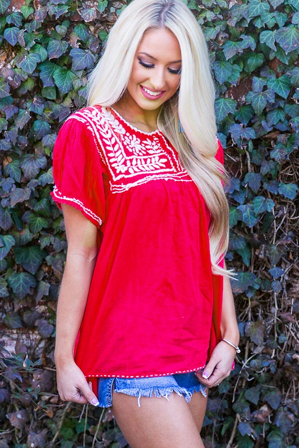 Pina Colada Pretty Embroidered Top in Cherry Image - 1