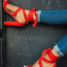 The Mia Faux Suede Lace Up Heel in Red Image - 1
