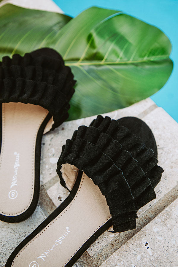 The Avery Faux Suede Ruffle Sandal in Black Image - 2
