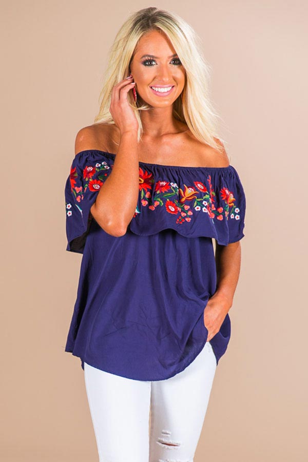 Harlow Embroidered Shift Top in Navy • Impressions Online Boutique