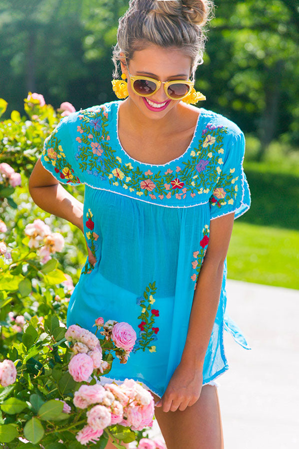 Call Me Beautiful Embroidered Top In Blue