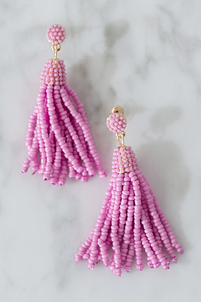 Patio Perfection Tassel Earrings In Pink Lavender