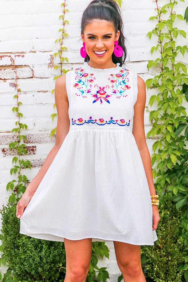 Maui Embroidered Shift Dress In White