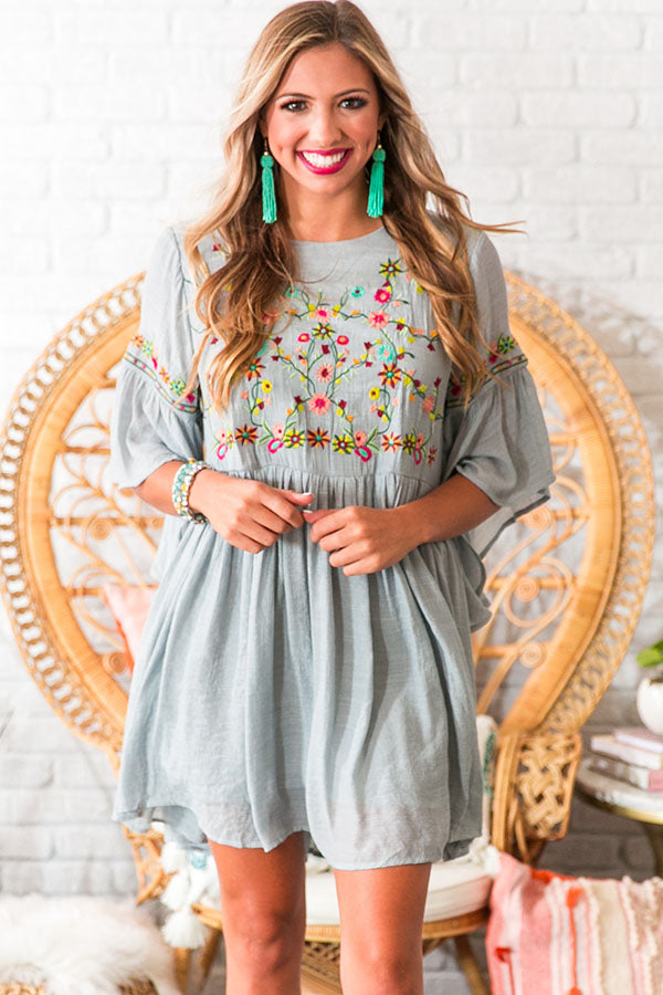 Date Night In Paradise Embroidered Dress in Grey