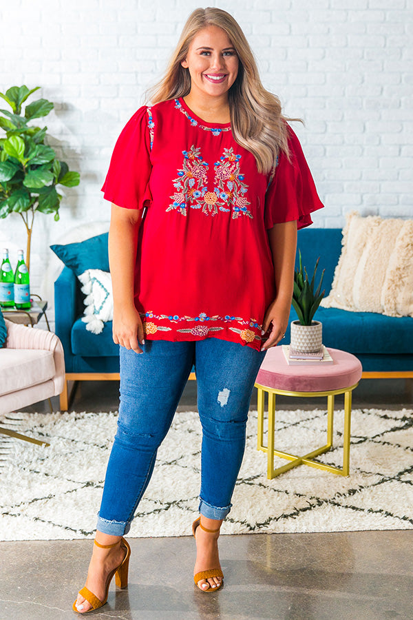 Margarita Calling Embroidered Shift Top in Red
