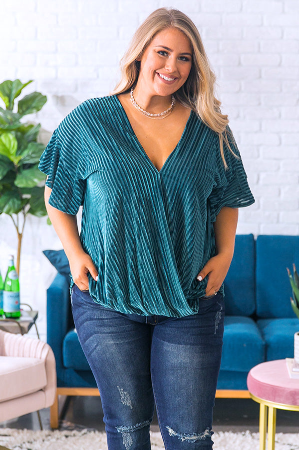 Whirlwind Romance Velvet Top in Teal Curves