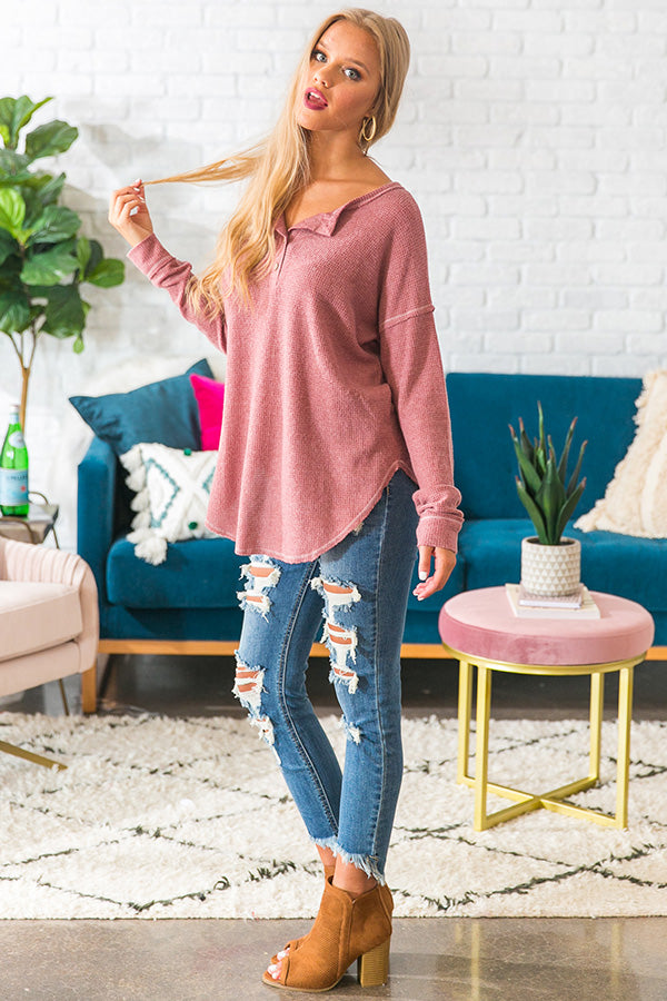 Lake Tahoe Retreat Waffle Knit Top in Blush Image - 3