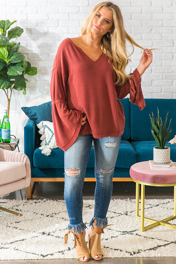 Partner In Wine Waffle Knit Top In Aurora Red