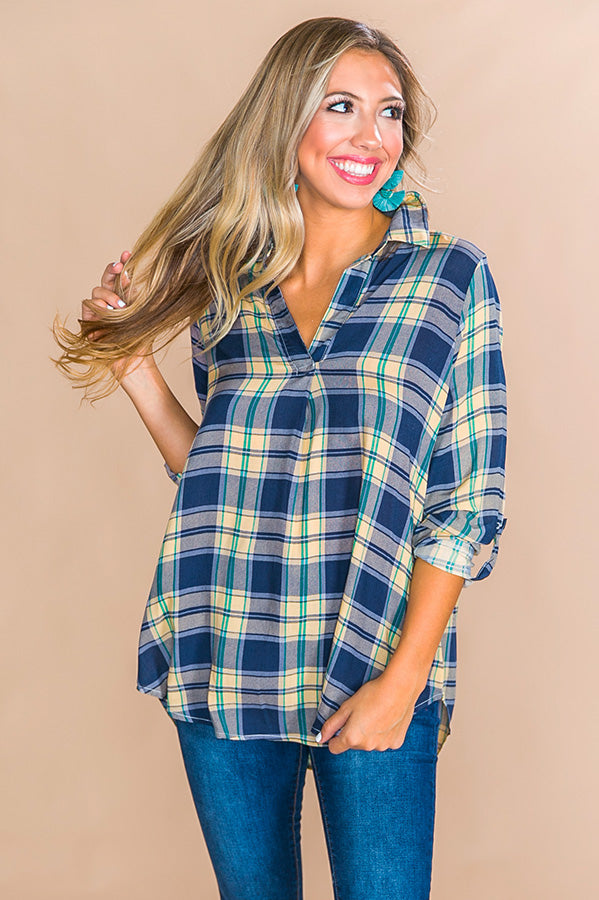 Apple Picking Pretty Plaid Top in Blue
