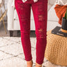 The Keagan High Waist Distressed Skinny in Wine Image - 1