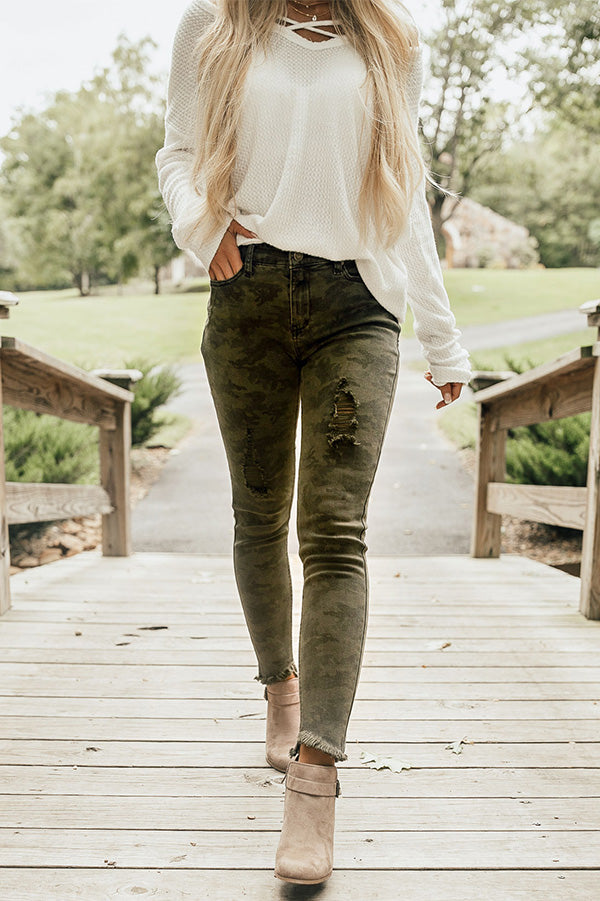 The Cassie Mid Rise Distressed Camo Skinny