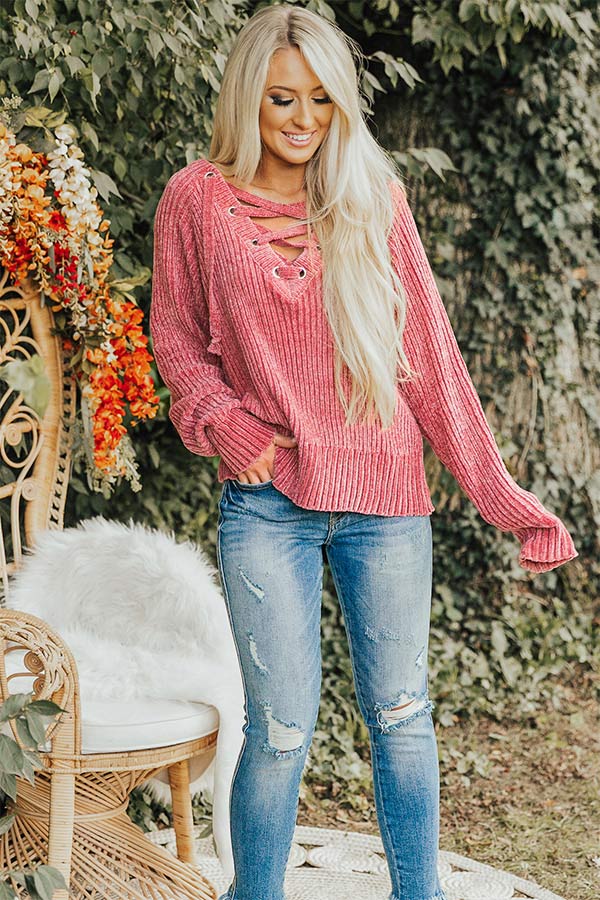 Fireside Champagne Lace Up Chenille Sweater in Rustic Rose