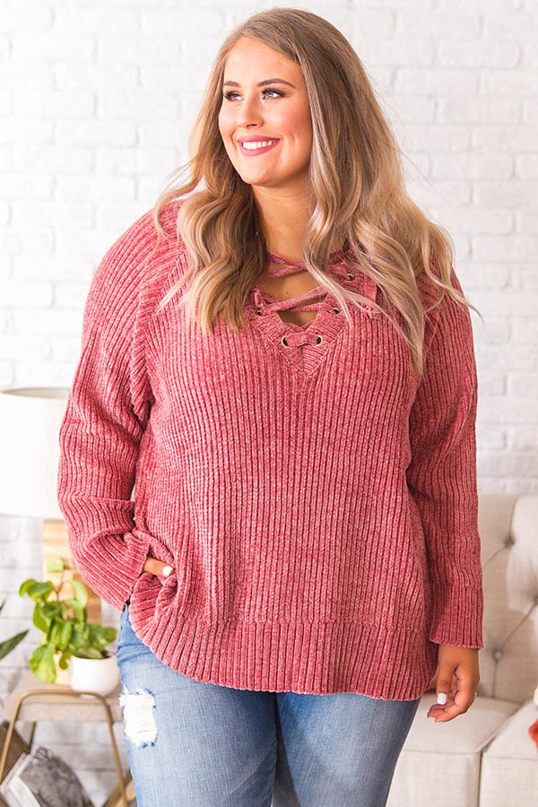 Fireside Champagne Lace Up Chenille Sweater in Rustic Rose Curves