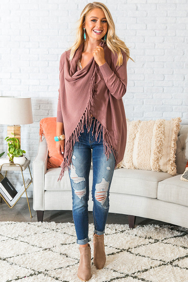 Aspen Arrival Fringe Cardigan In Rustic Rose Image - 1