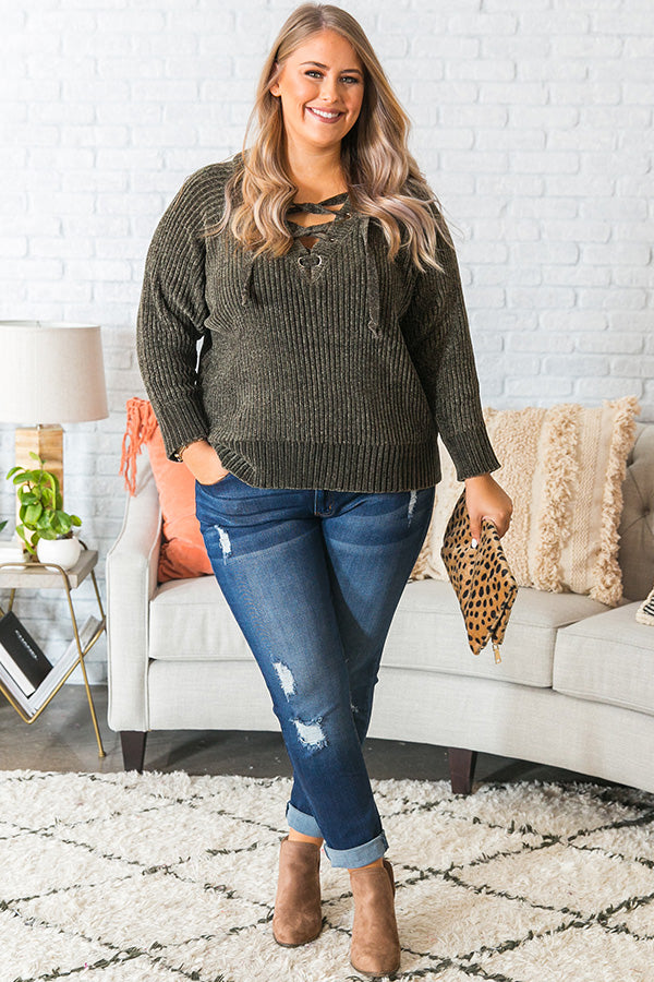 Fireside Champagne Lace Up Chenille Sweater in Army Green Curves